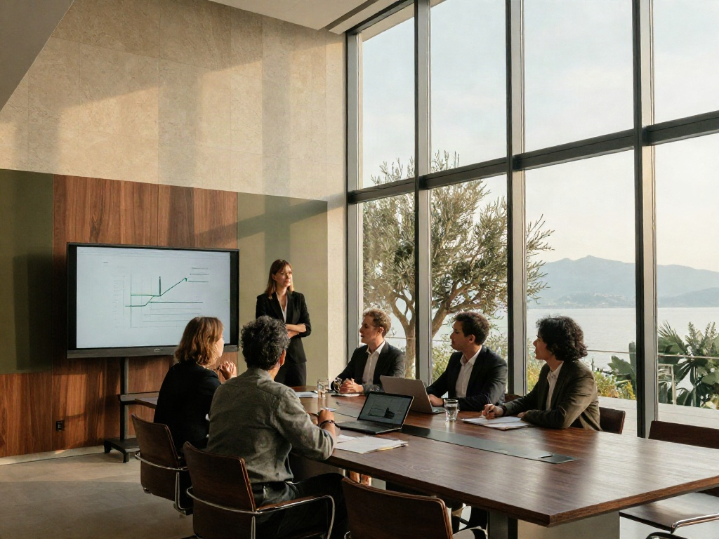 A consulting team discussing business strategy in a sunlit modern meeting room