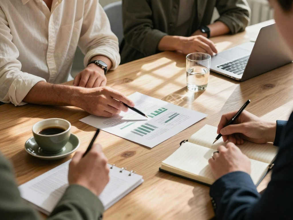 Consultants reviewing performance charts and making notes around a shared table